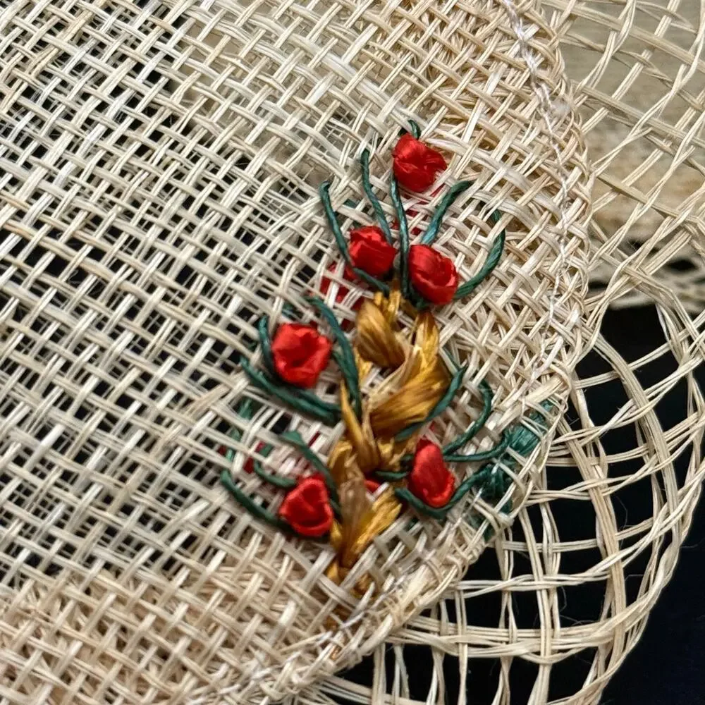 Vintage 6 Rattan Straw Lace Coasters Woven Flowers Floral